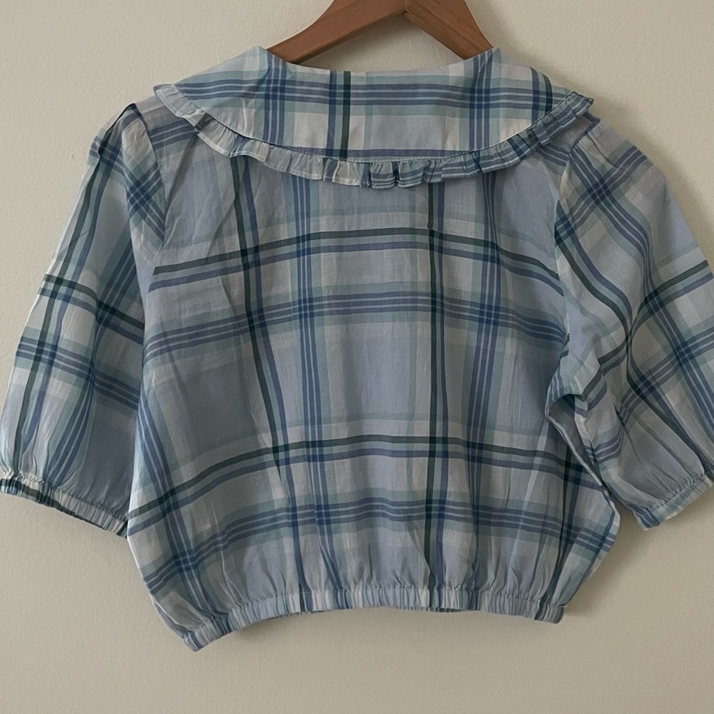 American Eagle Blue Cropped Blouse with Puff Sleeves - Picture 5 of 6